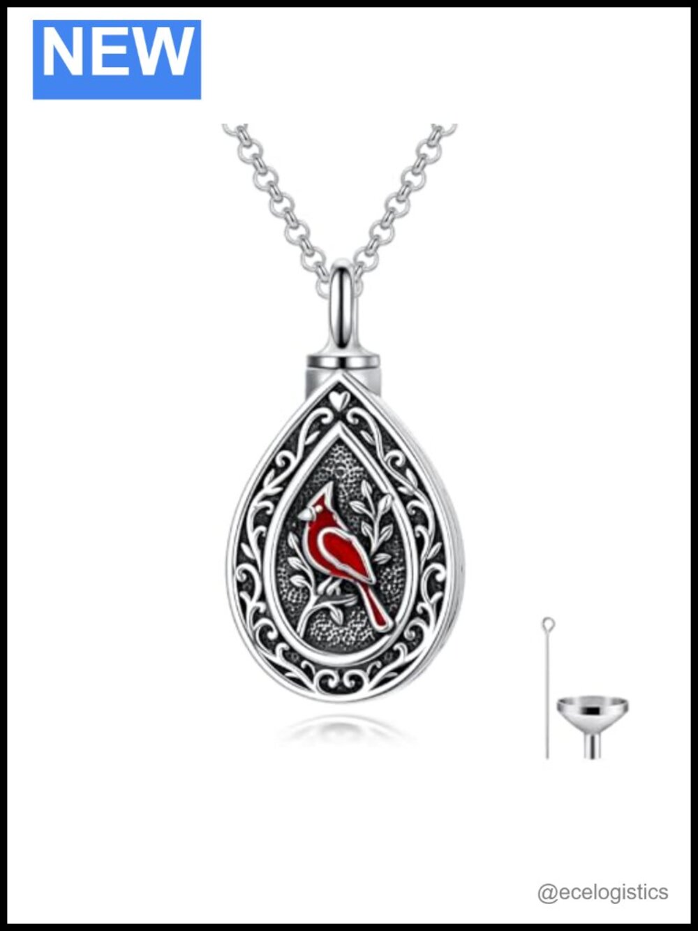 925 Sterling Silver Cardinal Urn Necklace Cremation Memorial Pendant